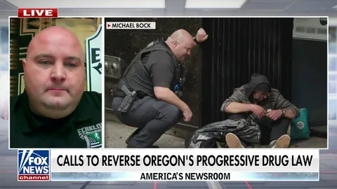 Fox News segment with a guest on screen next to footage of a security officer and a person on the sidewalk