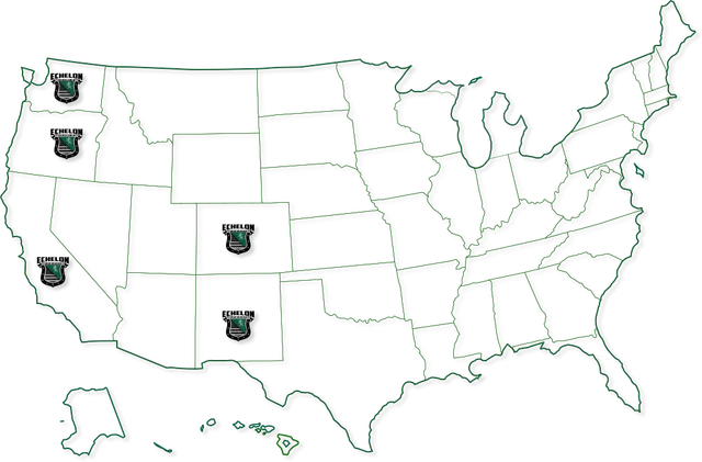 Map of the United States with Echelon shields marking Washington, Oregon, California, Colorado and New Mexico
